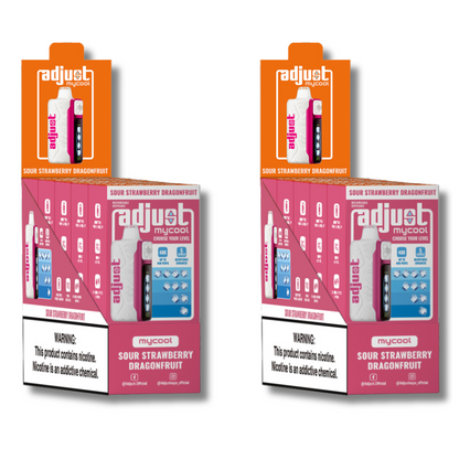 Adjust MyCool Sour Strawberry Dragonfruit 40K Puffs Disposable Vape Packaging - Retail display of 10 packs featuring sour strawberry and dragonfruit-flavored vape with adjustable ice cooling feature, 5% nicotine strength, vibrant pink and white design, and a prominently displayed nicotine warning label.