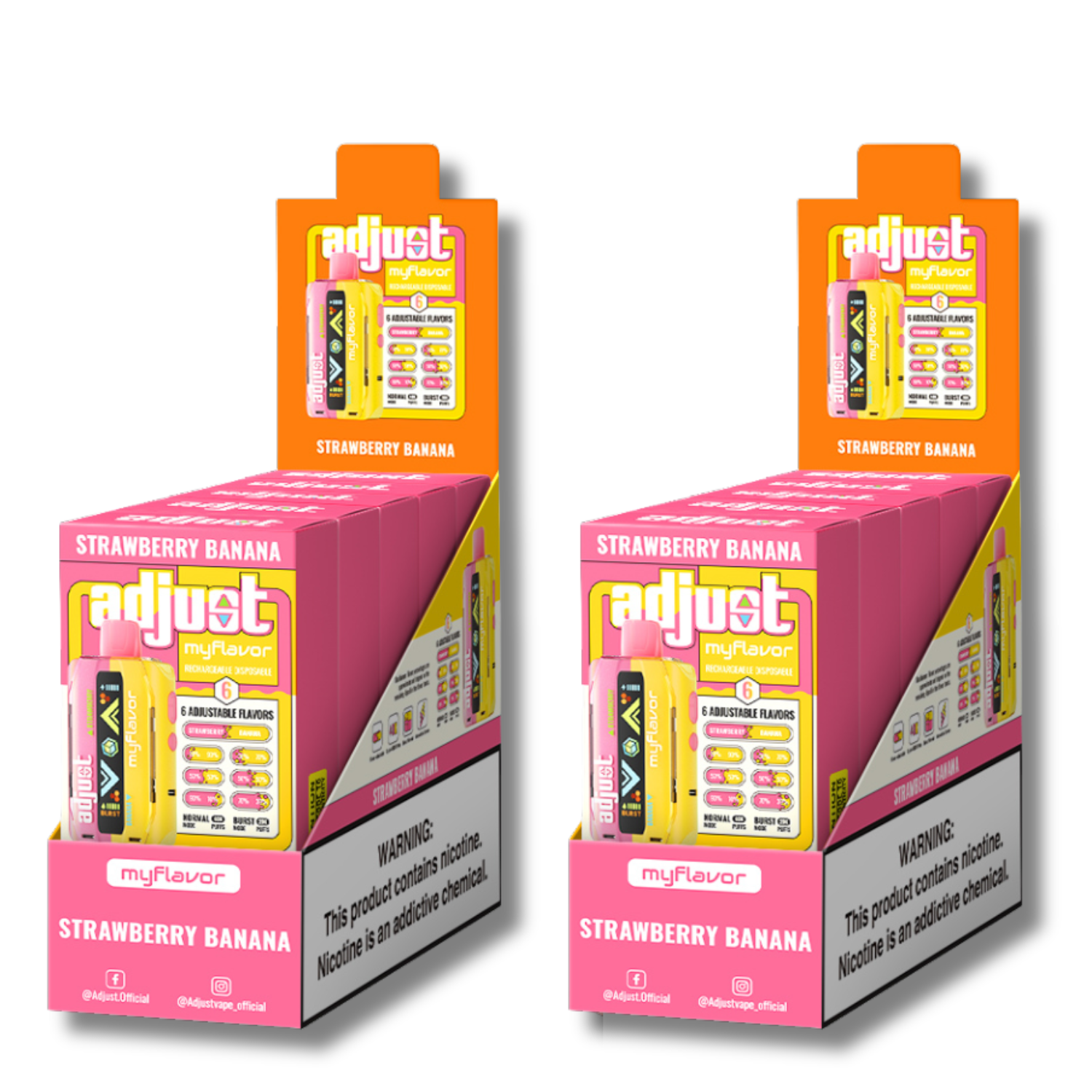 Adjust MyFlavor Strawberry Banana 40K Puffs Disposable Vape Packaging - Retail display of 10 packs featuring Strawberry Banana-flavored vape with 6 adjustable flavor intensity settings, rechargeable design, 5% nicotine strength, vibrant pink and yellow packaging, and a prominently displayed nicotine warning label.