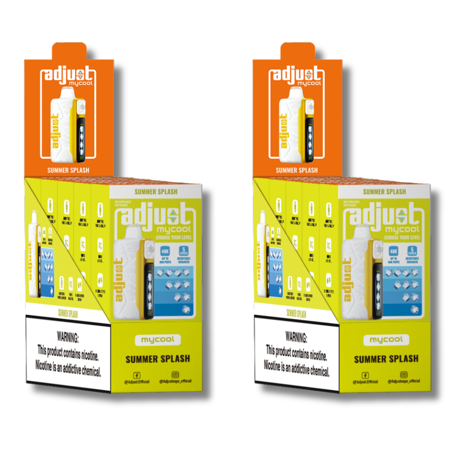 Adjust MyCool Summer Splash 40K Puffs Disposable Vape Packaging - Retail display of 10 packs featuring a tropical summer-flavored vape with adjustable ice cooling feature, 5% nicotine strength, vibrant yellow and white design, and a prominently displayed nicotine warning label.
