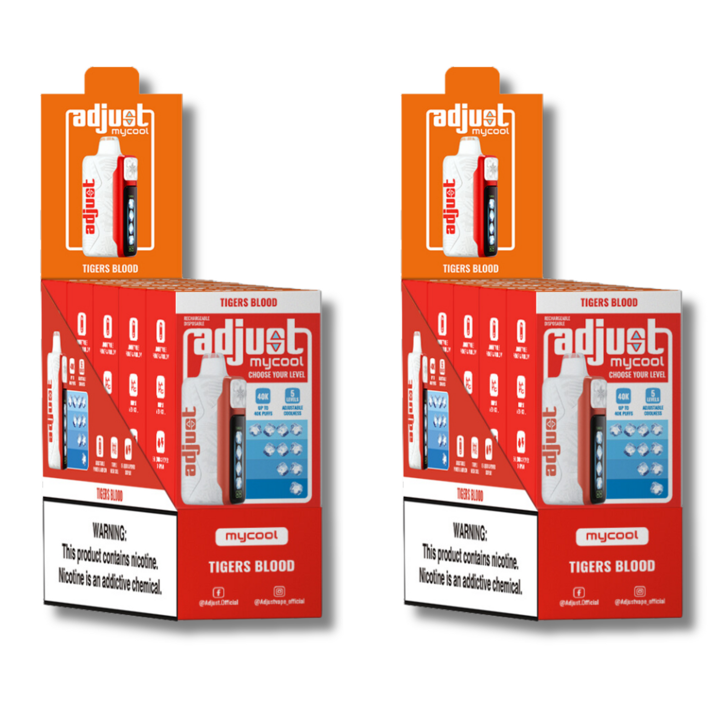 Adjust MyCool Tiger's Blood 40K Puffs Disposable Vape Packaging - Retail display of 10 packs featuring Tiger's Blood-flavored vape with adjustable ice cooling feature, 5% nicotine strength, bold red and white design, and a prominently displayed nicotine warning label.
