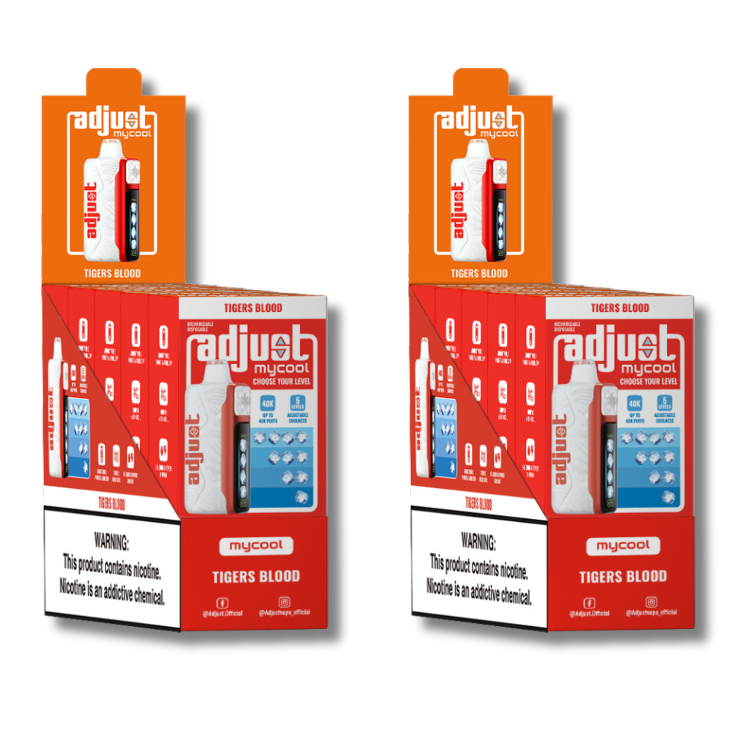 Adjust MyCool Tiger's Blood 40K Puffs Disposable Vape Packaging - Retail display of 10 packs featuring Tiger's Blood-flavored vape with adjustable ice cooling feature, 5% nicotine strength, bold red and white design, and a prominently displayed nicotine warning label.