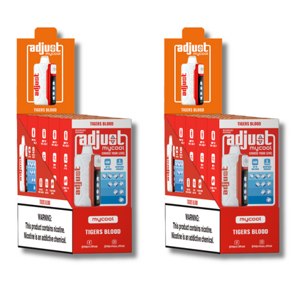 Adjust MyCool Tiger's Blood 40K Puffs Disposable Vape Packaging - Retail display of 10 packs featuring Tiger's Blood-flavored vape with adjustable ice cooling feature, 5% nicotine strength, bold red and white design, and a prominently displayed nicotine warning label.