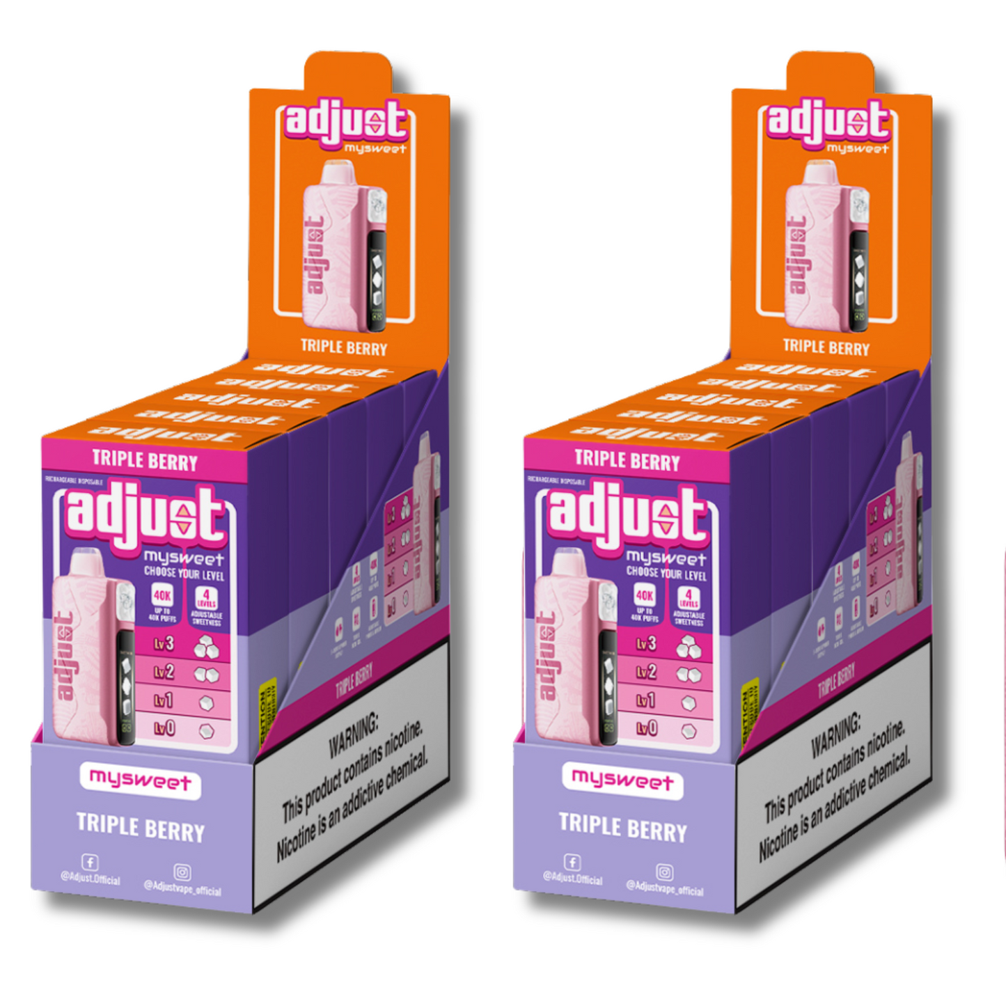Adjust MySweet Triple Berry 40K Puffs Disposable Vape Packaging - Retail display of 10 packs featuring Triple Berry flavor with adjustable sweetness levels, 5% nicotine strength, rechargeable design, and vibrant pink and purple packaging with a prominently displayed nicotine warning label.