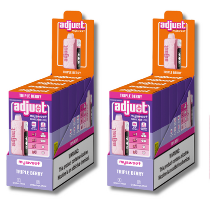 Adjust MySweet Triple Berry 40K Puffs Disposable Vape Packaging - Retail display of 10 packs featuring Triple Berry flavor with adjustable sweetness levels, 5% nicotine strength, rechargeable design, and vibrant pink and purple packaging with a prominently displayed nicotine warning label.