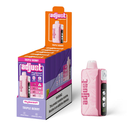 Adjust MySweet Triple Berry 40K Puffs Disposable Vape Packaging - Retail display of 10 packs featuring Triple Berry flavor with adjustable sweetness levels, 5% nicotine strength, rechargeable design, and vibrant pink and purple packaging with a prominently displayed nicotine warning label.