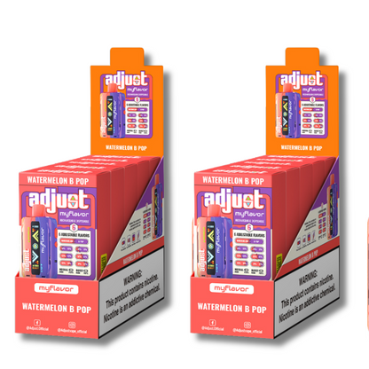 Adjust MyFlavor Watermelon B-Pop 40K Puffs Disposable Vape Packaging - Retail display of 10 packs featuring Watermelon B-Pop-flavored vape with 6 adjustable flavor intensity settings, rechargeable design, 5% nicotine strength, bold red and purple packaging, and a prominently displayed nicotine warning label.