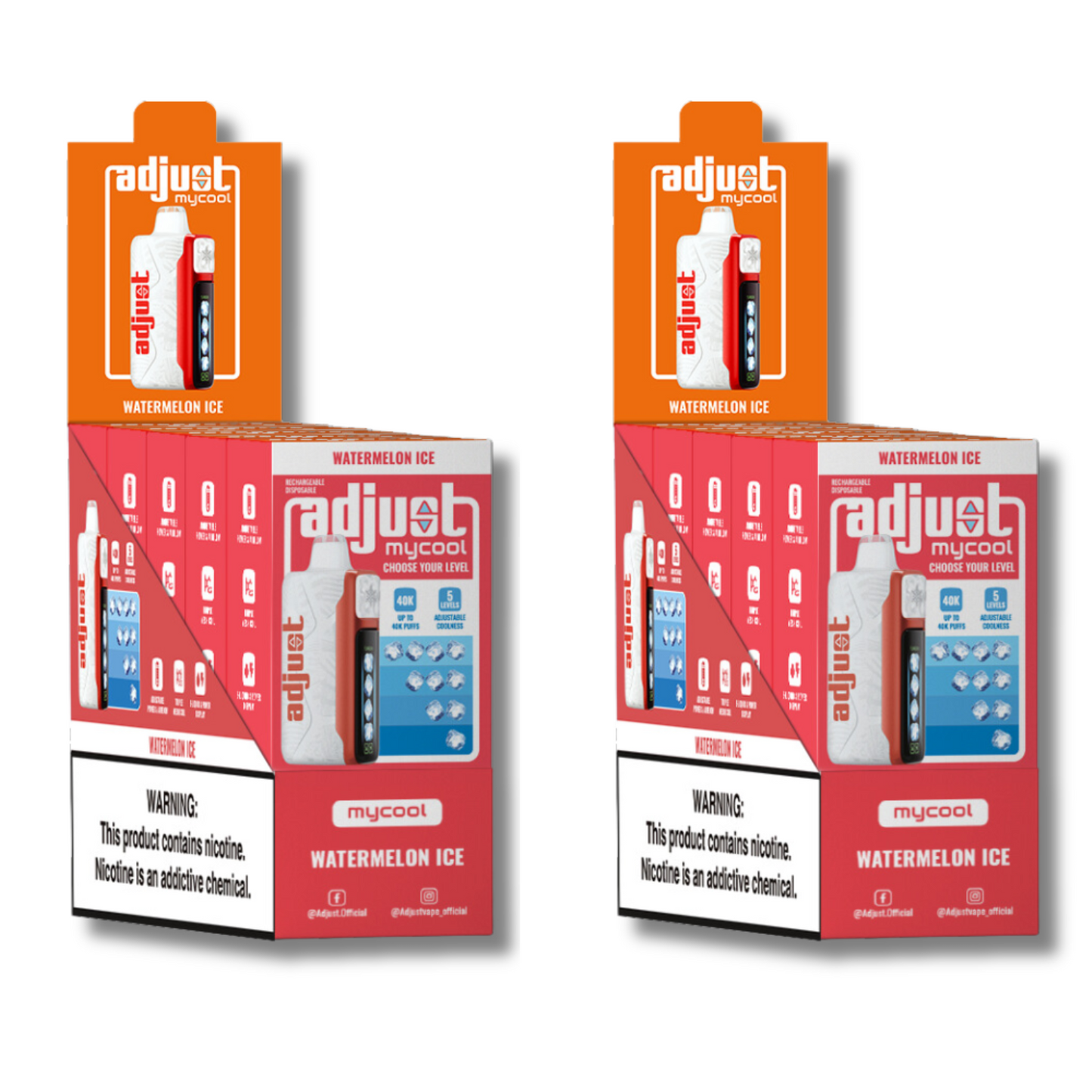 Adjust MyCool Watermelon Ice 40K Puffs Disposable Vape Packaging - Retail display of 10 packs featuring watermelon-flavored vape with adjustable ice cooling feature, 5% nicotine strength, vibrant red and white design, and a prominently displayed nicotine warning label.