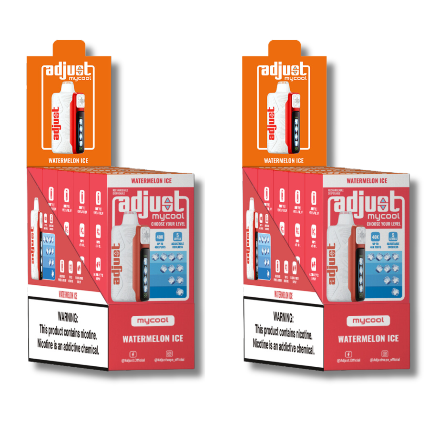 Adjust MyCool Watermelon Ice 40K Puffs Disposable Vape Packaging - Retail display of 10 packs featuring watermelon-flavored vape with adjustable ice cooling feature, 5% nicotine strength, vibrant red and white design, and a prominently displayed nicotine warning label.