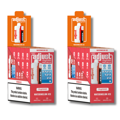Adjust MyCool Watermelon Ice 40K Puffs Disposable Vape Packaging - Retail display of 10 packs featuring watermelon-flavored vape with adjustable ice cooling feature, 5% nicotine strength, vibrant red and white design, and a prominently displayed nicotine warning label.