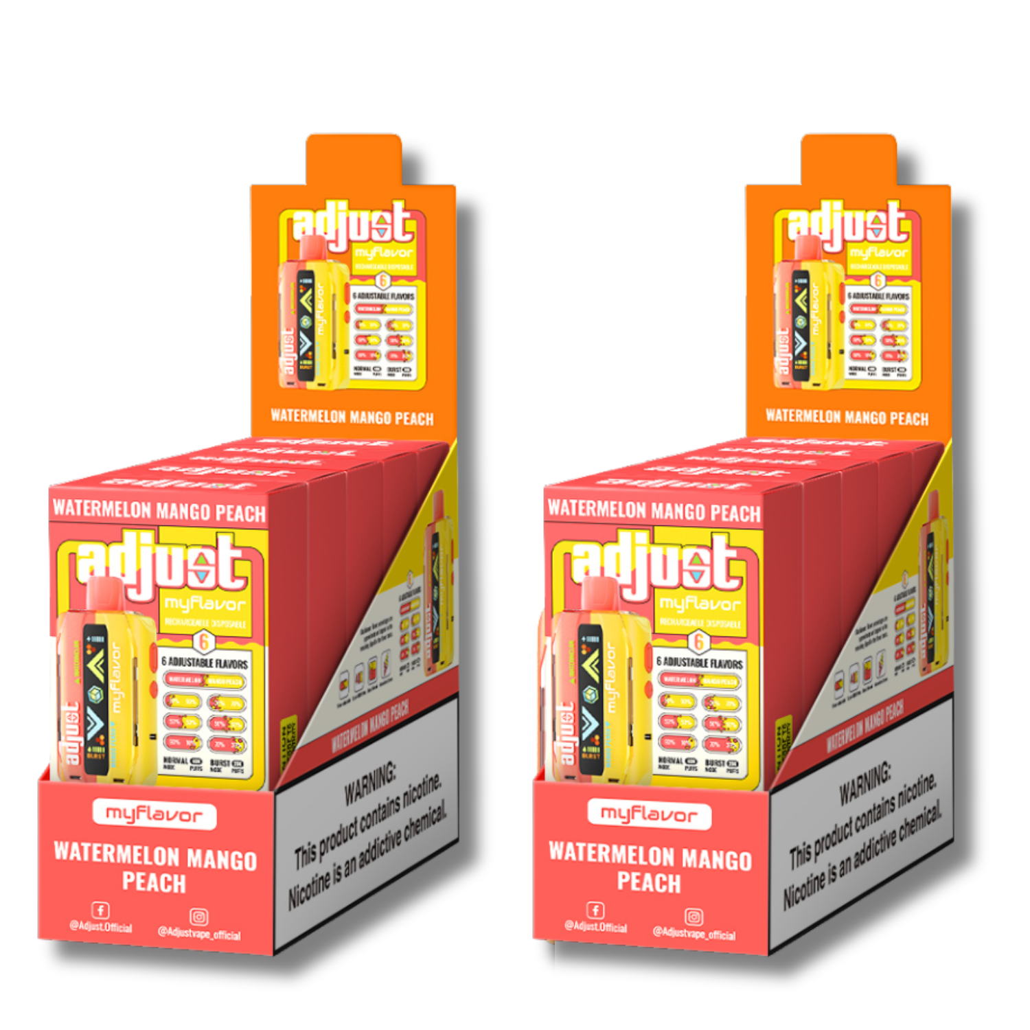 Adjust MyFlavor Watermelon Mango Peach 40K Puffs Disposable Vape Packaging - Retail display of 10 packs featuring Watermelon Mango Peach-flavored vape with 6 adjustable flavor intensity settings, rechargeable design, 5% nicotine strength, bold red and yellow packaging, and a prominently displayed nicotine warning label.