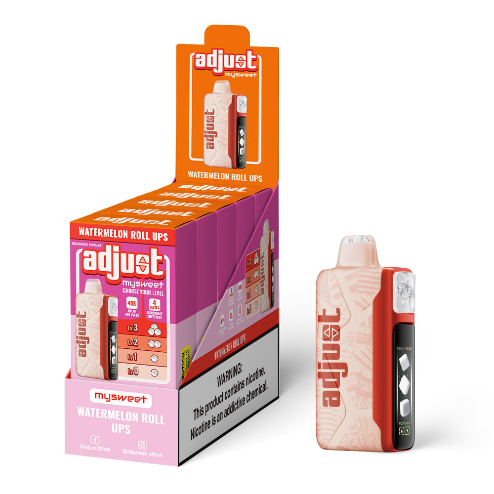 Adjust MySweet Watermelon Roll Ups 40K Puffs Disposable Vape Packaging - Retail display of 10 packs featuring Watermelon Roll Ups flavor with adjustable sweetness levels, 5% nicotine strength, rechargeable design, and vibrant pink and red packaging with a prominently displayed nicotine warning label.