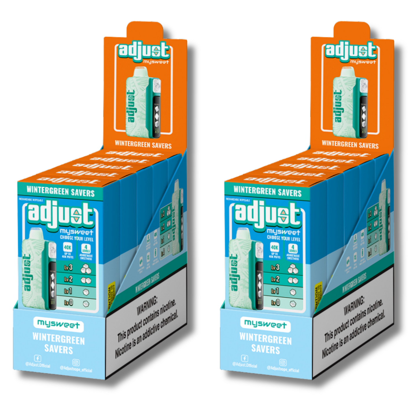 Adjust MySweet Wintergreen Savers 40K Puffs Disposable Vape Packaging - Retail display of 10 packs featuring Wintergreen Savers flavor with adjustable sweetness levels, 5% nicotine strength, rechargeable design, and vibrant teal and white packaging with a prominently displayed nicotine warning label.