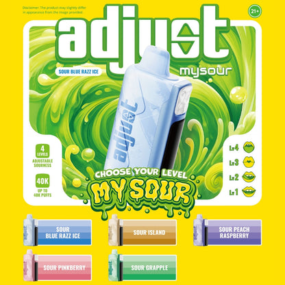 Adjust MySour vape banner featuring the Sour Blue Razz Ice flavor with a vibrant green and yellow background. Highlights include four adjustable sourness levels, up to 40,000 puffs, and five available flavors: Sour Blue Razz Ice, Sour Island, Sour Peach Raspberry, Sour Pinkberry, and Sour Grapple. Available at adjustvapes.com.