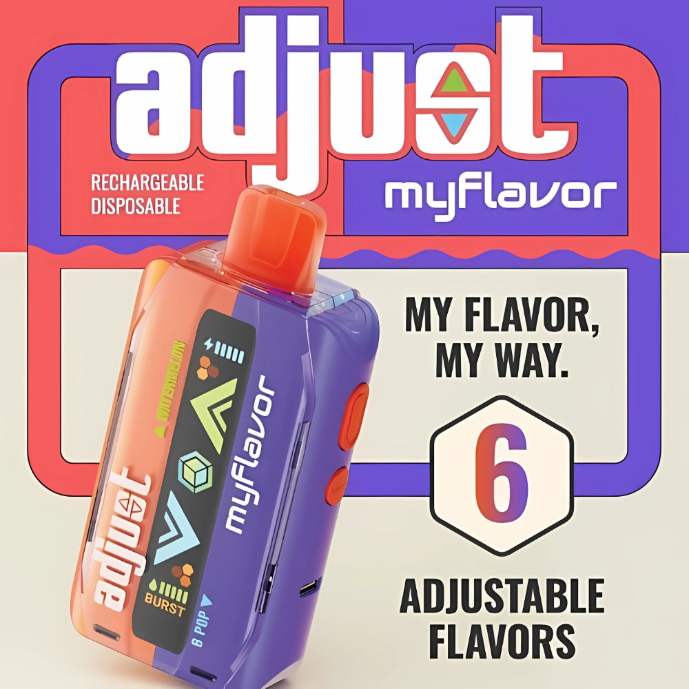 Adjust MyFlavor rechargeable disposable vape featuring 6 adjustable flavor options, burst and normal modes, with the tagline ‘My flavor, my way’ and a colorful, modern design.