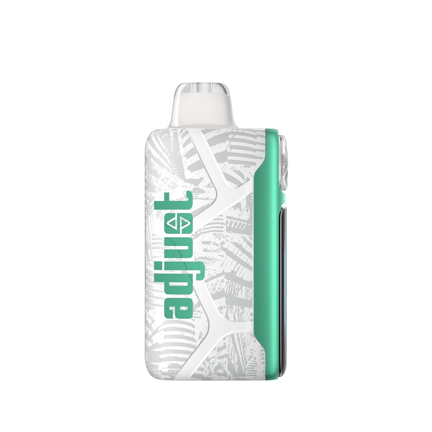 Adjust MyCool Baja Splash 40k disposable vape, featuring a modern white and teal design with embossed patterns, a prominent cooling adjustment button, digital display, and illuminated ice crystal indicators for customizable coolness settings.
