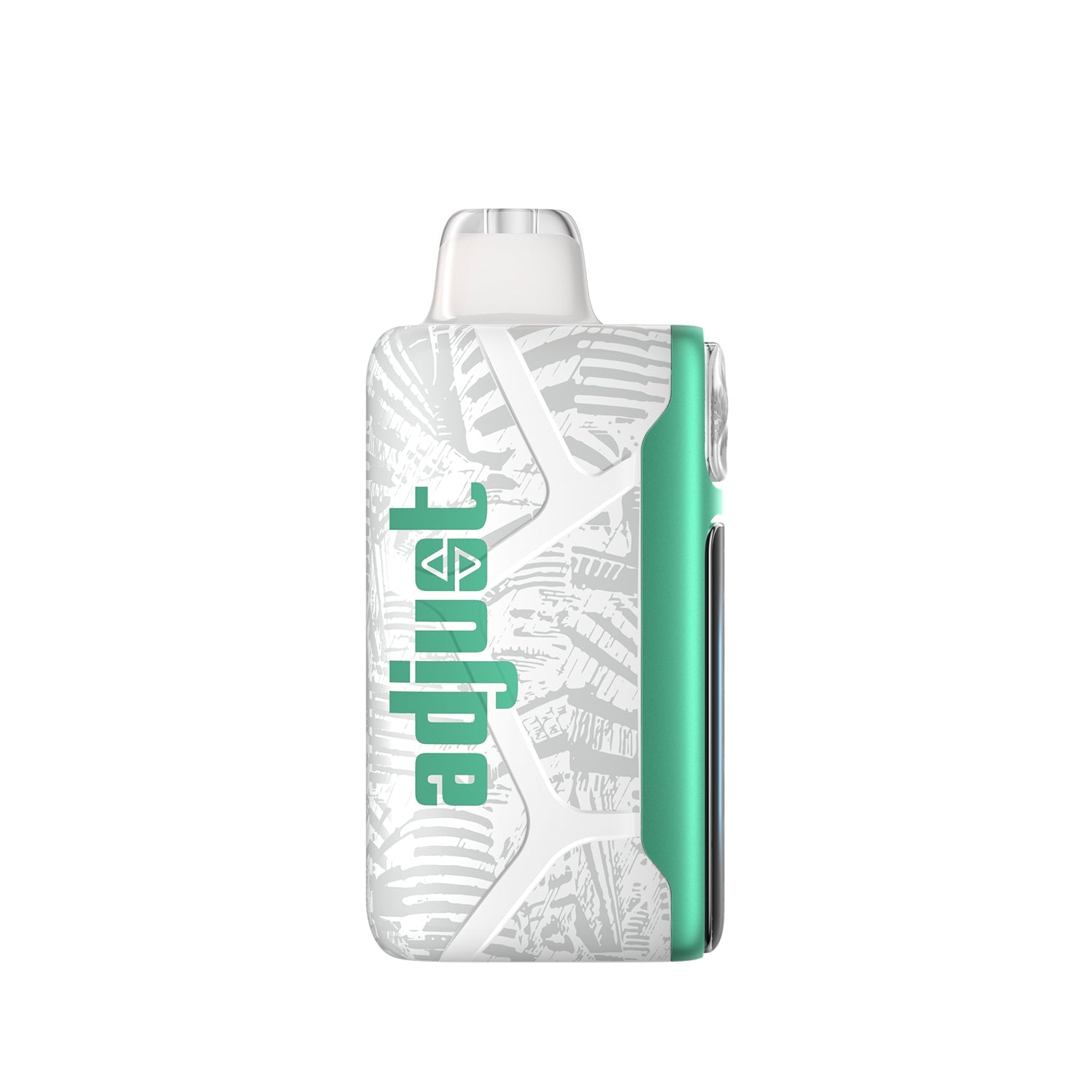 Adjust MyCool Baja Splash 40k disposable vape, featuring a modern white and teal design with embossed patterns, a prominent cooling adjustment button, digital display, and illuminated ice crystal indicators for customizable coolness settings.