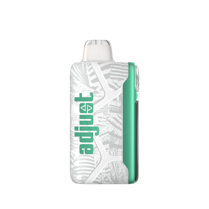 Adjust MyCool Baja Splash 40k disposable vape, featuring a modern white and teal design with embossed patterns, a prominent cooling adjustment button, digital display, and illuminated ice crystal indicators for customizable coolness settings.