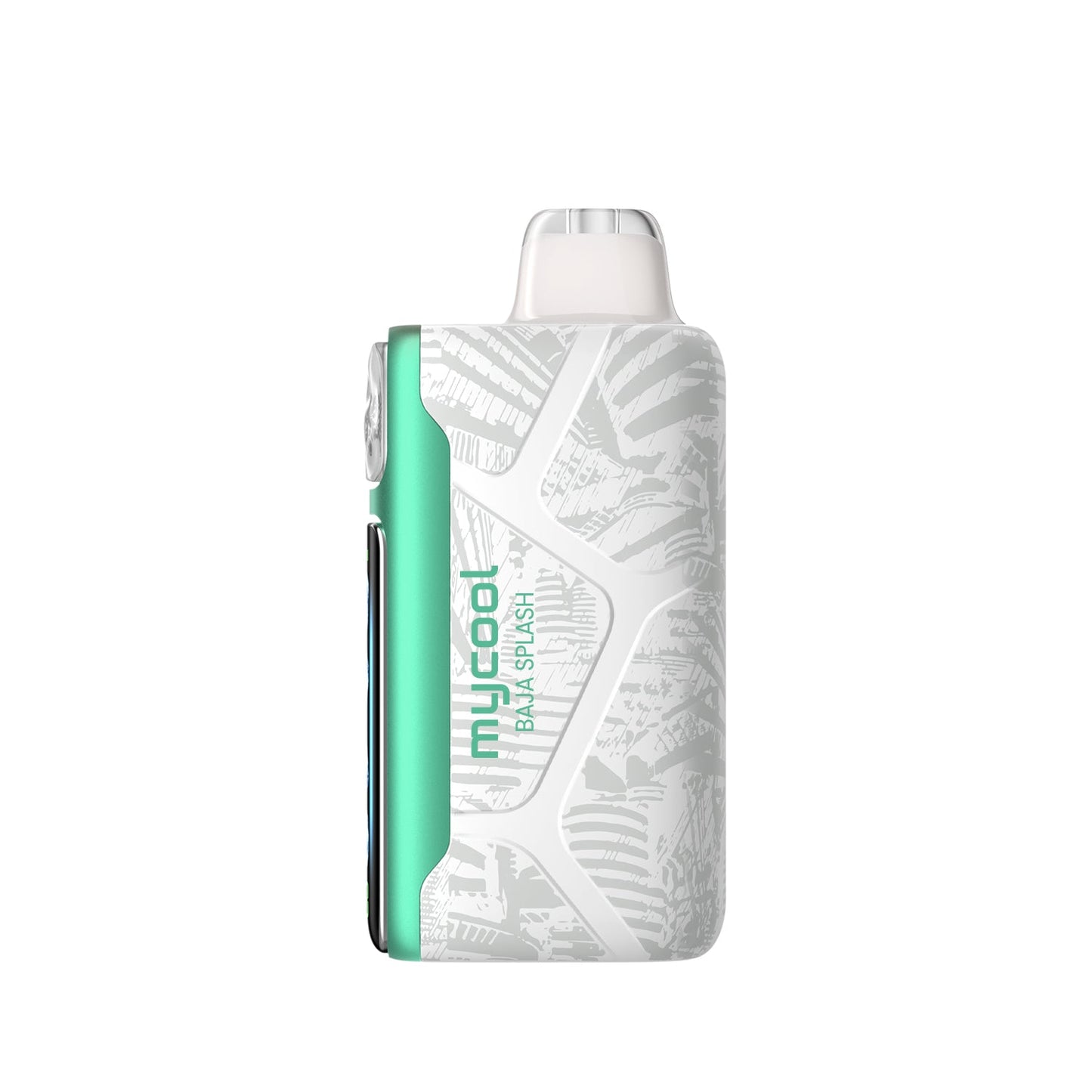Adjust MyCool Baja Splash 40k disposable vape, featuring a modern white and teal design with embossed patterns, a prominent cooling adjustment button, digital display, and illuminated ice crystal indicators for customizable coolness settings.
