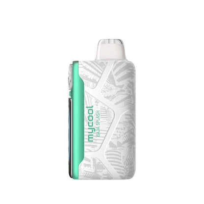 Adjust MyCool Baja Splash 40k disposable vape, featuring a modern white and teal design with embossed patterns, a prominent cooling adjustment button, digital display, and illuminated ice crystal indicators for customizable coolness settings.