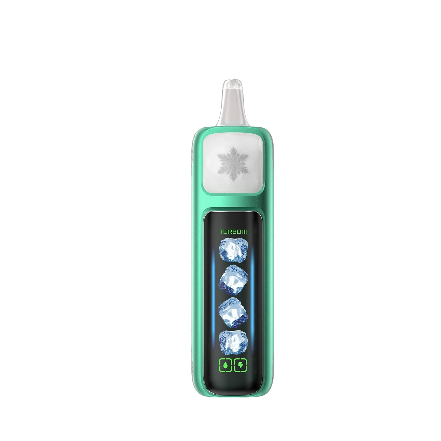 Adjust MyCool Baja Splash 40k disposable vape, featuring a modern white and teal design with embossed patterns, a prominent cooling adjustment button, digital display, and illuminated ice crystal indicators for customizable coolness settings.