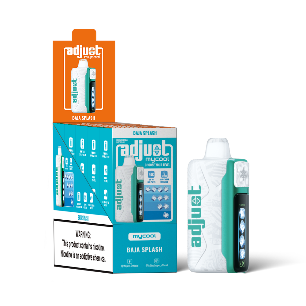 Adjust MyCool Baja Splash 40K Puffs Disposable Vape Packaging - Retail display of 5 packs featuring Baja splash flavor with adjustable cooling, 5% nicotine strength, vibrant white and yellow design, and prominently displayed nicotine warning label.