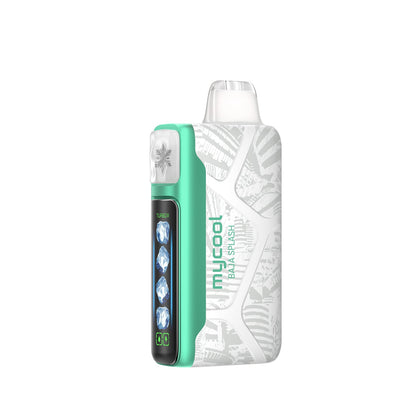 Adjust MyCool Baja Splash 40k disposable vape, featuring a modern white and teal design with embossed patterns, a prominent cooling adjustment button, digital display, and illuminated ice crystal indicators for customizable coolness settings.