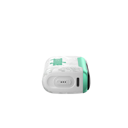 Adjust MyCool Baja Splash 40k disposable vape, featuring a modern white and teal design with embossed patterns, a prominent cooling adjustment button, digital display, and illuminated ice crystal indicators for customizable coolness settings.