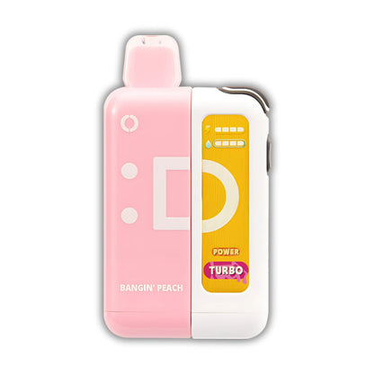 Bangin’ Peach Off Stamp X Cube Kit – a stylish pink disposable vape device with an innovative design, turbo power, and a smooth peach flavor. Available at AdjustableVapes.com.