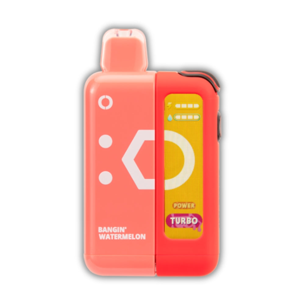 Bangin’ Watermelon Off Stamp X Cube Kit. A vibrant red vape with a sleek modern look, offering a juicy watermelon flavor and turbo power performance. Available at AdjustableVapes.com.