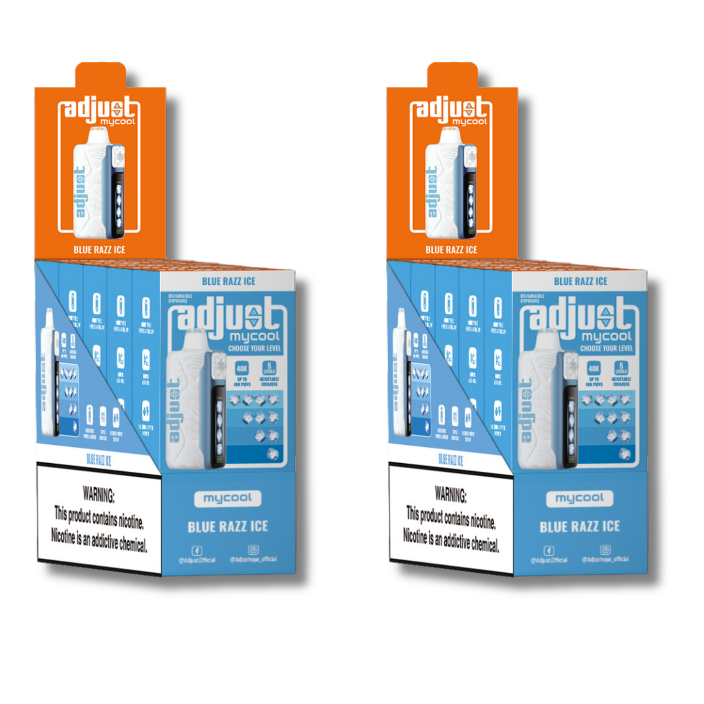 Adjust Vape MyCool 40K Blue Razz Ice flavor display boxes featuring a vibrant design with product images, specifications, and a nicotine warning label, highlighting its customizable vaping options and sleek packaging.