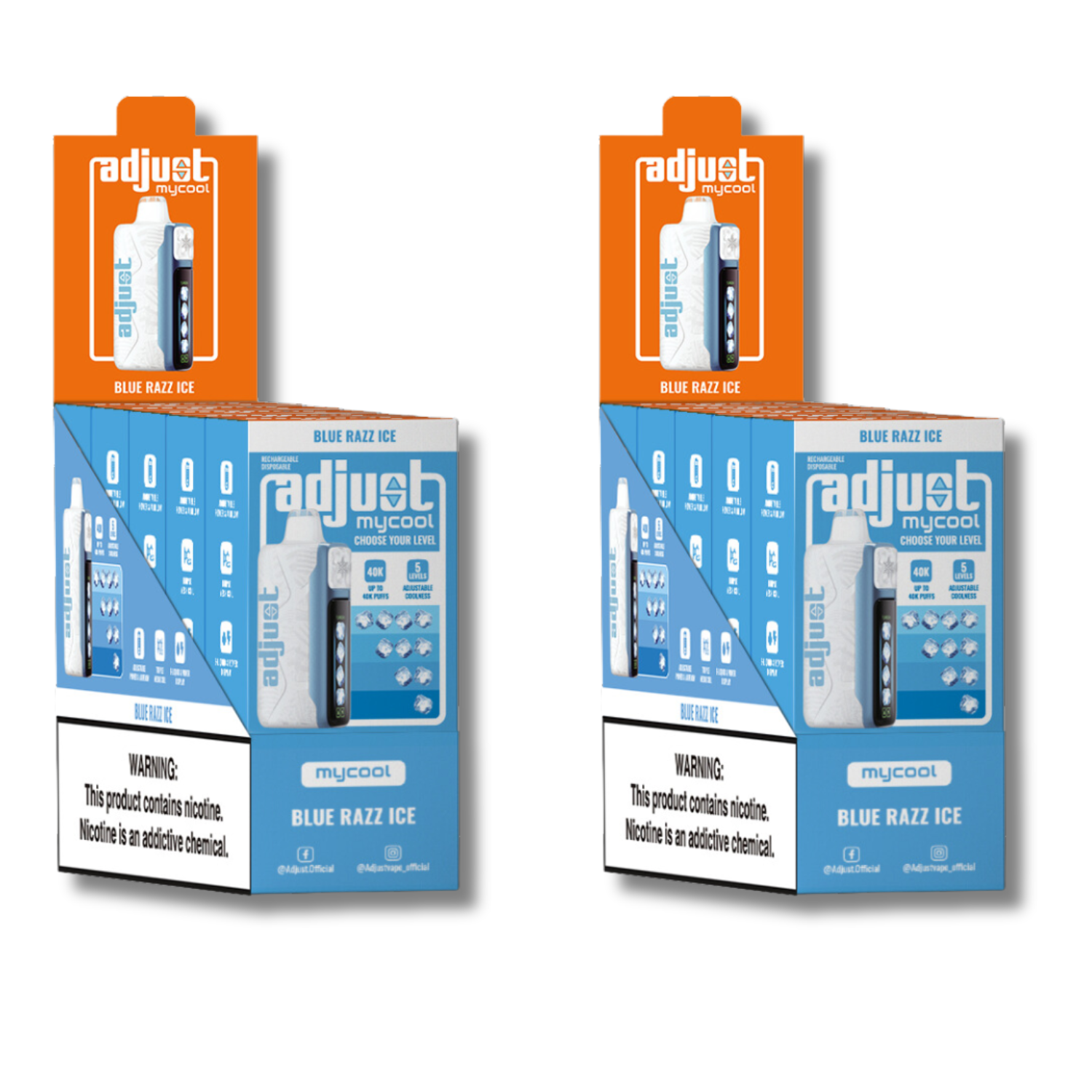 Adjust Vape MyCool 40K Blue Razz Ice flavor display boxes featuring a vibrant design with product images, specifications, and a nicotine warning label, highlighting its customizable vaping options and sleek packaging.