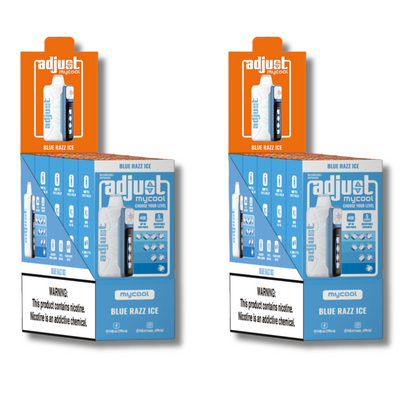 Adjust Vape MyCool 40K Blue Razz Ice flavor display boxes featuring a vibrant design with product images, specifications, and a nicotine warning label, highlighting its customizable vaping options and sleek packaging.