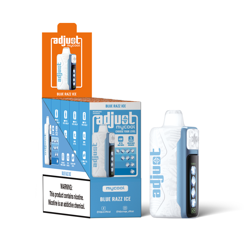 Adjust MyCool Blue Razz Ice 40K Puffs Disposable Vape Packaging - Retail display of 5 packs featuring blue raspberry ice flavor with adjustable cooling, 5% nicotine strength, vibrant white and blue design, and prominently displayed nicotine warning label.