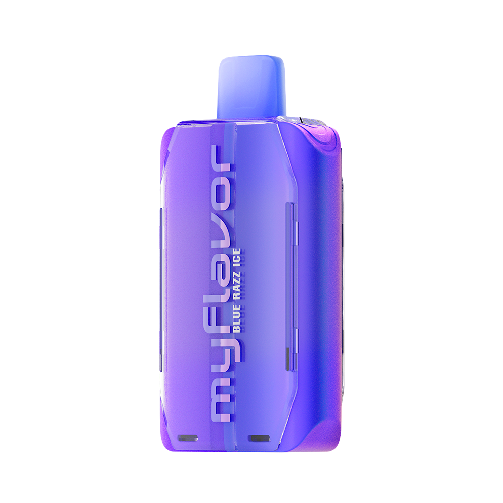 Adjust MyFlavor vape device in a bold purple design, highlighting the Blue Raspberry Ice flavor. Features customizable burst mode with up to 20K puffs, normal mode up to 40K puffs, and an interactive screen for tailored vaping preferences, delivering a premium flavor experience.