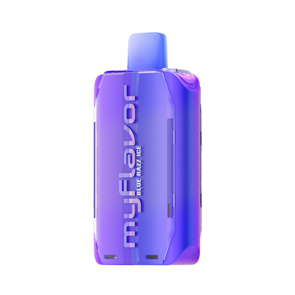 Adjust MyFlavor vape device in a bold purple design, highlighting the Blue Raspberry Ice flavor. Features customizable burst mode with up to 20K puffs, normal mode up to 40K puffs, and an interactive screen for tailored vaping preferences, delivering a premium flavor experience.