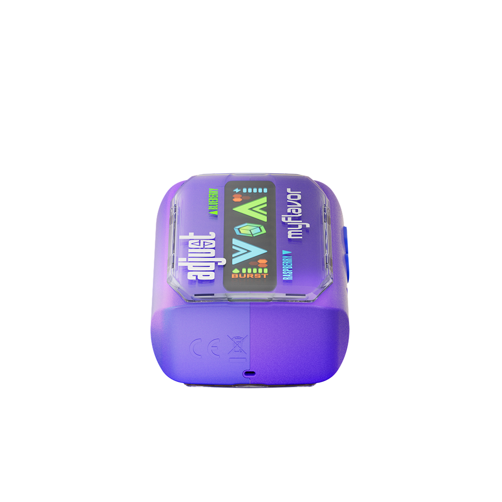 Adjust MyFlavor vape device in a bold purple design, highlighting the Blue Raspberry Ice flavor. Features customizable burst mode with up to 20K puffs, normal mode up to 40K puffs, and an interactive screen for tailored vaping preferences, delivering a premium flavor experience.