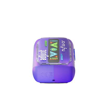 Adjust MyFlavor vape device in a bold purple design, highlighting the Blue Raspberry Ice flavor. Features customizable burst mode with up to 20K puffs, normal mode up to 40K puffs, and an interactive screen for tailored vaping preferences, delivering a premium flavor experience.