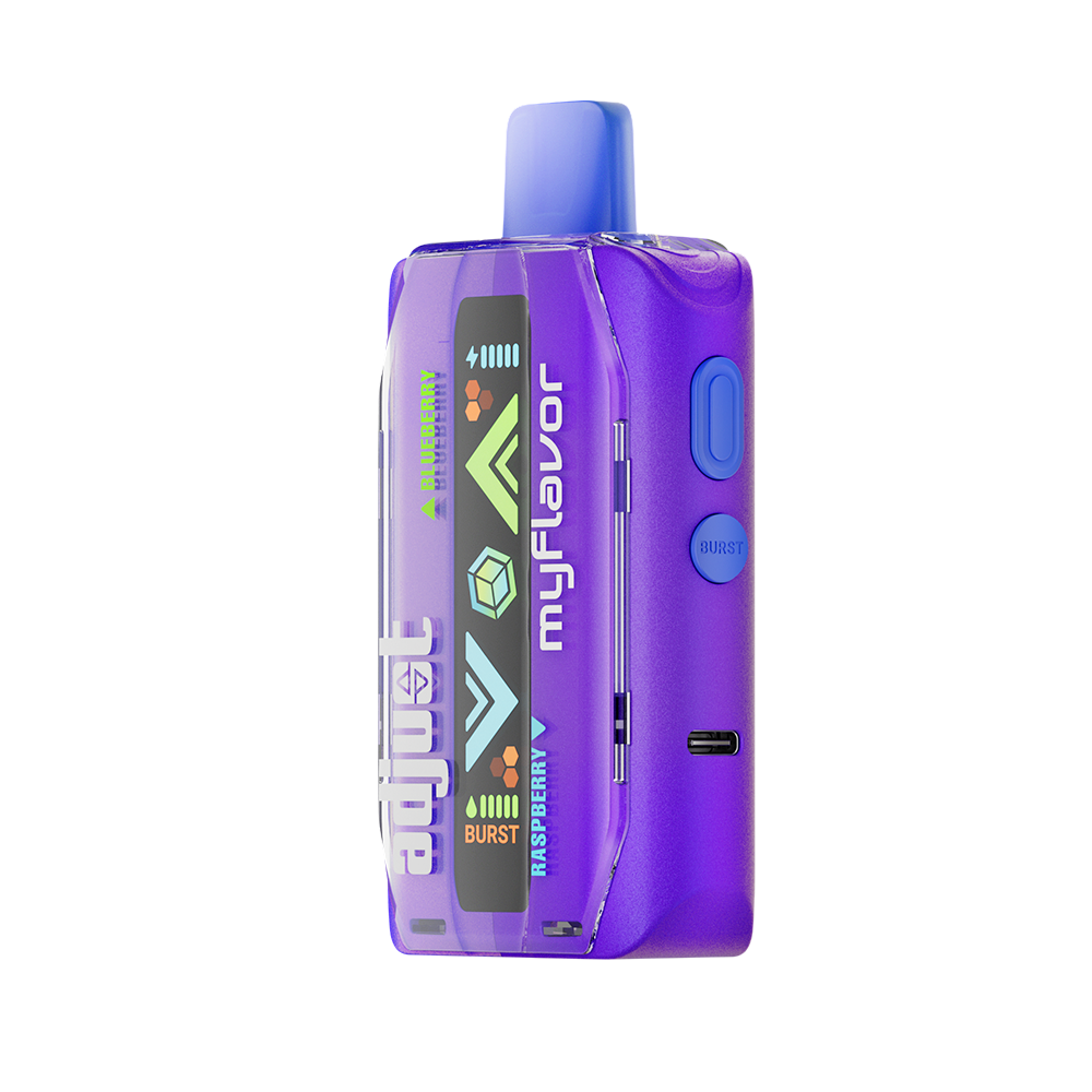 Adjust MyFlavor vape device in a bold purple design, highlighting the Blue Raspberry Ice flavor. Features customizable burst mode with up to 20K puffs, normal mode up to 40K puffs, and an interactive screen for tailored vaping preferences, delivering a premium flavor experience.