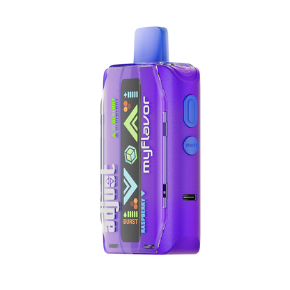 Adjust MyFlavor vape device in a bold purple design, highlighting the Blue Raspberry Ice flavor. Features customizable burst mode with up to 20K puffs, normal mode up to 40K puffs, and an interactive screen for tailored vaping preferences, delivering a premium flavor experience.