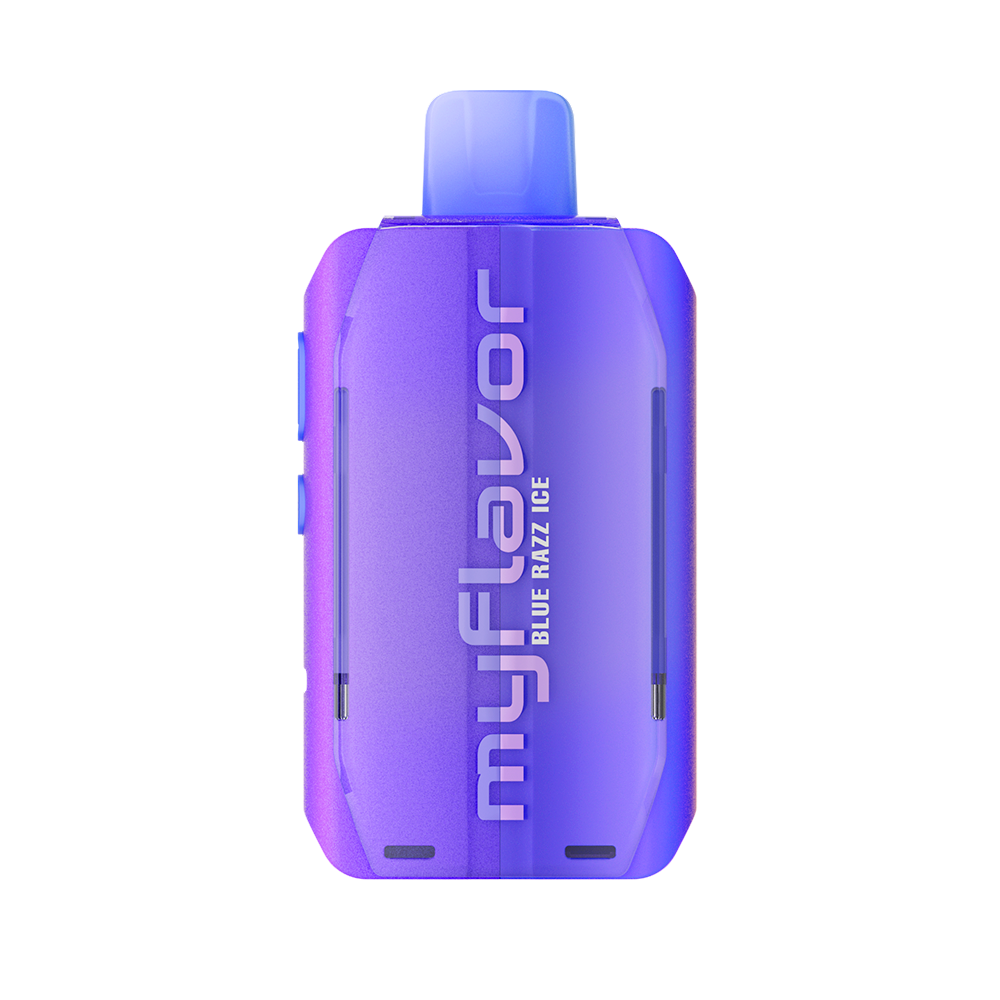 Adjust MyFlavor vape device in a bold purple design, highlighting the Blue Raspberry Ice flavor. Features customizable burst mode with up to 20K puffs, normal mode up to 40K puffs, and an interactive screen for tailored vaping preferences, delivering a premium flavor experience.