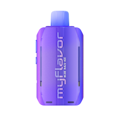 Adjust MyFlavor vape device in a bold purple design, highlighting the Blue Raspberry Ice flavor. Features customizable burst mode with up to 20K puffs, normal mode up to 40K puffs, and an interactive screen for tailored vaping preferences, delivering a premium flavor experience.