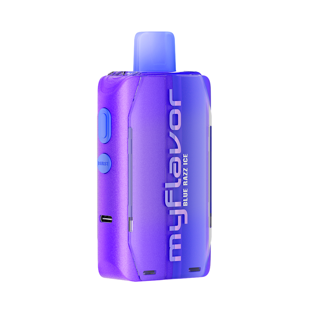 Adjust MyFlavor vape device in a bold purple design, highlighting the Blue Raspberry Ice flavor. Features customizable burst mode with up to 20K puffs, normal mode up to 40K puffs, and an interactive screen for tailored vaping preferences, delivering a premium flavor experience.