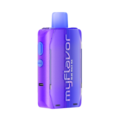Adjust MyFlavor vape device in a bold purple design, highlighting the Blue Raspberry Ice flavor. Features customizable burst mode with up to 20K puffs, normal mode up to 40K puffs, and an interactive screen for tailored vaping preferences, delivering a premium flavor experience.