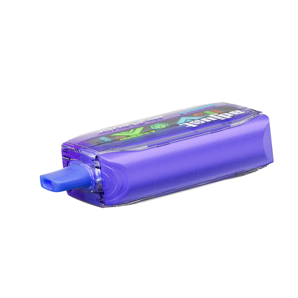 Adjust MyFlavor vape device in a bold purple design, highlighting the Blue Raspberry Ice flavor. Features customizable burst mode with up to 20K puffs, normal mode up to 40K puffs, and an interactive screen for tailored vaping preferences, delivering a premium flavor experience.