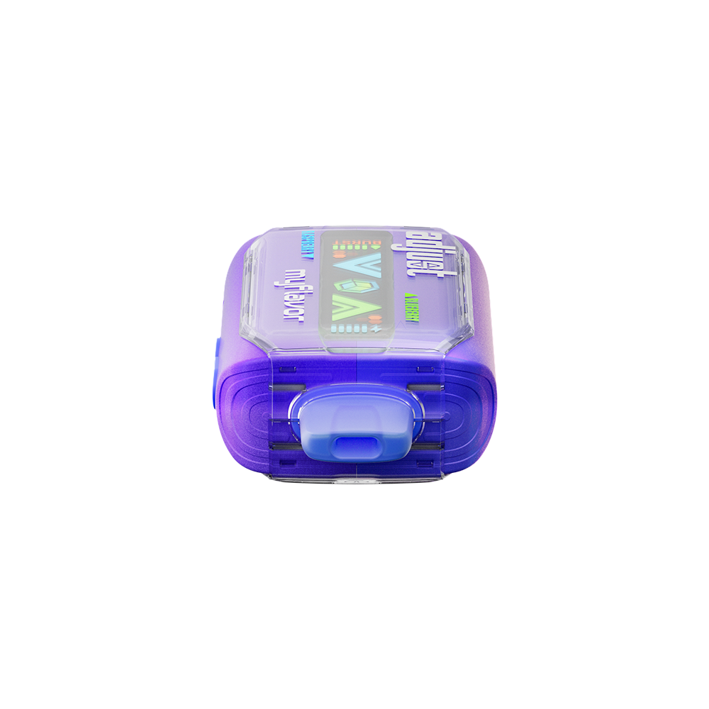 Adjust MyFlavor vape device in a bold purple design, highlighting the Blue Raspberry Ice flavor. Features customizable burst mode with up to 20K puffs, normal mode up to 40K puffs, and an interactive screen for tailored vaping preferences, delivering a premium flavor experience.