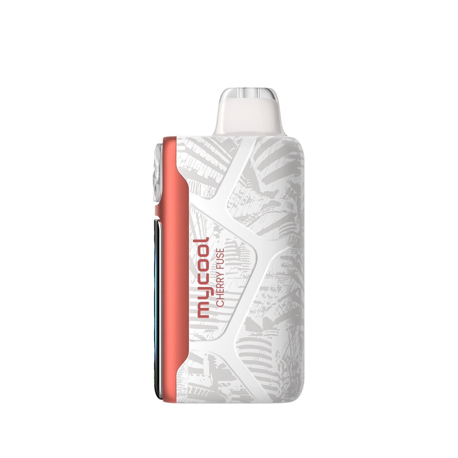 Adjust MyCool Cherry Fuse 40K Puffs Disposable Vape Packaging - Featuring a cherry and fruit fusion flavor with adjustable ice cooling feature, 5% nicotine strength, bold red and white design, and a prominently displayed nicotine warning label.