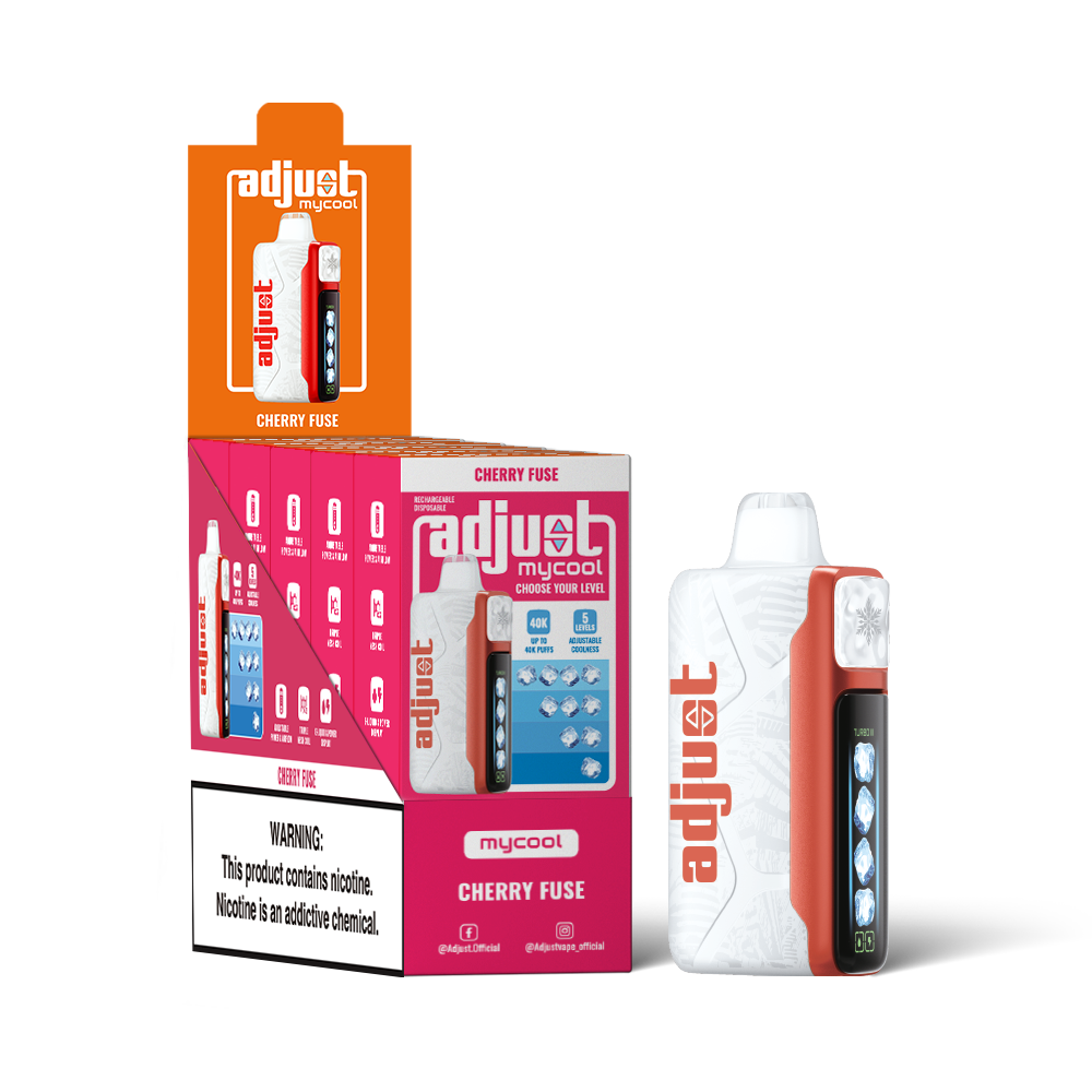 Adjust MyCool Cherry Fuse 40K Puffs Disposable Vape Packaging - Retail display of 5 packs featuring a cherry and fruit fusion flavor with adjustable ice cooling feature, 5% nicotine strength, bold red and white design, and a prominently displayed nicotine warning label.