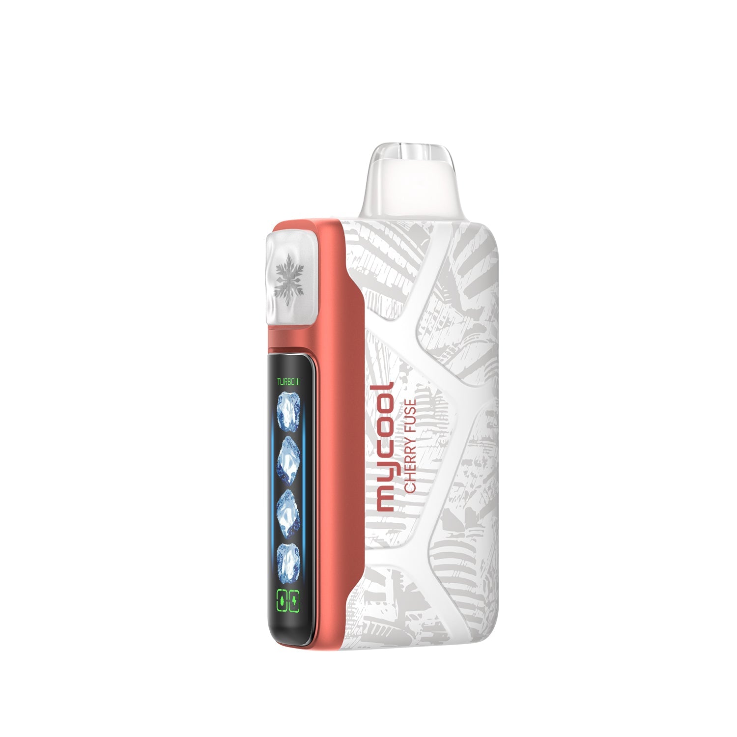 Adjust MyCool Cherry Fuse 40K Puffs Disposable Vape Packaging - Featuring a cherry and fruit fusion flavor with adjustable ice cooling feature, 5% nicotine strength, bold red and white design, and a prominently displayed nicotine warning label.