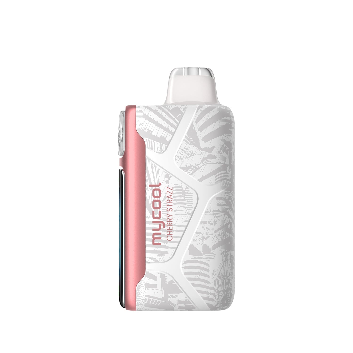 Adjust MyCool Cherry Strazz 40K Puffs Disposable Vape - Soft pink and white device featuring Cherry Strawberry flavor with adjustable cooling levels, 5% nicotine strength, and a digital display to adjust the cooling for a customizable vaping experience.