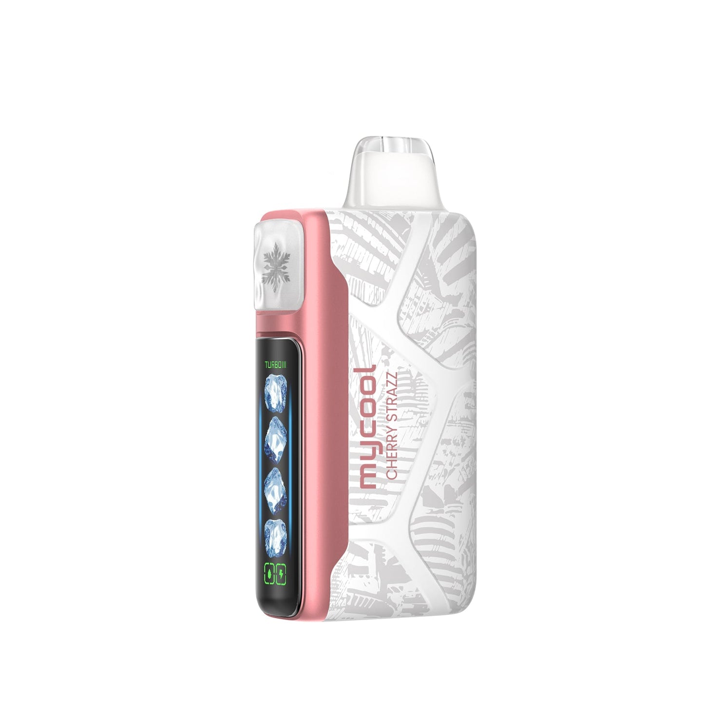 Adjust MyCool Cherry Strazz 40K Puffs Disposable Vape - Soft pink and white device featuring Cherry Strawberry flavor with adjustable cooling levels, 5% nicotine strength, and a digital display to adjust the cooling for a customizable vaping experience.